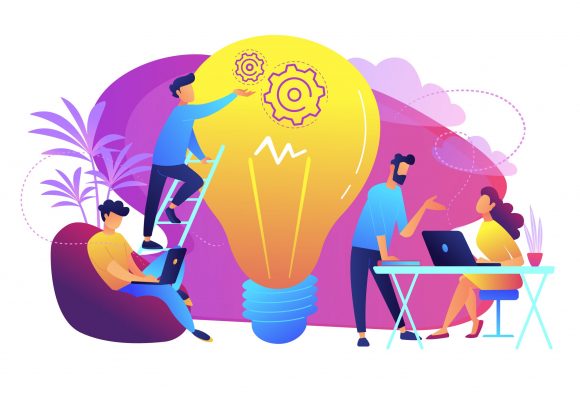 People working in friendly open space workplace. Coworking, freelance, teamwork, communication, interaction, idea, independent activity concept, violet palette. Vector illustration on white background